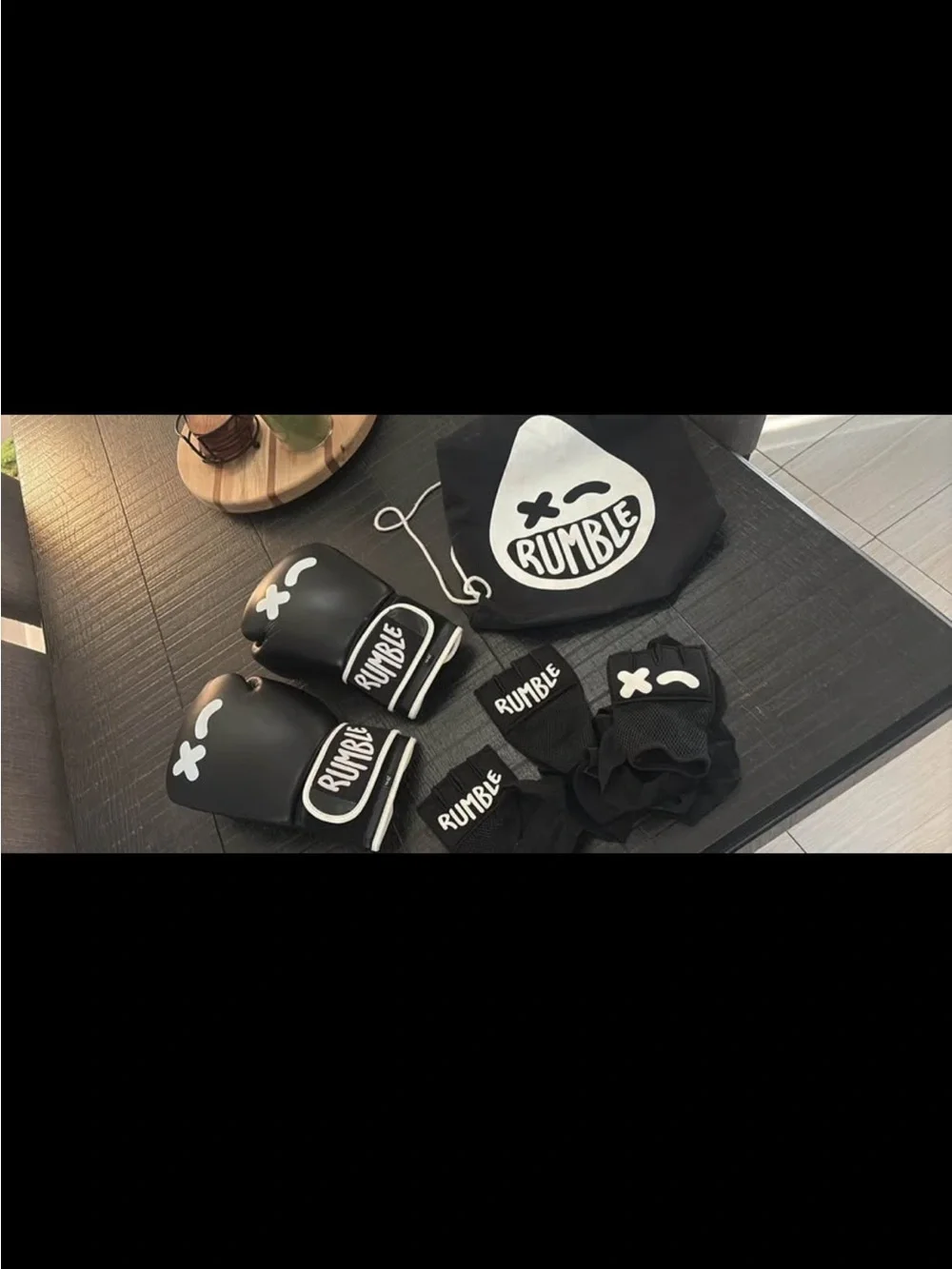 Black Rumble Boxing Gloves and Hand Wrap Set